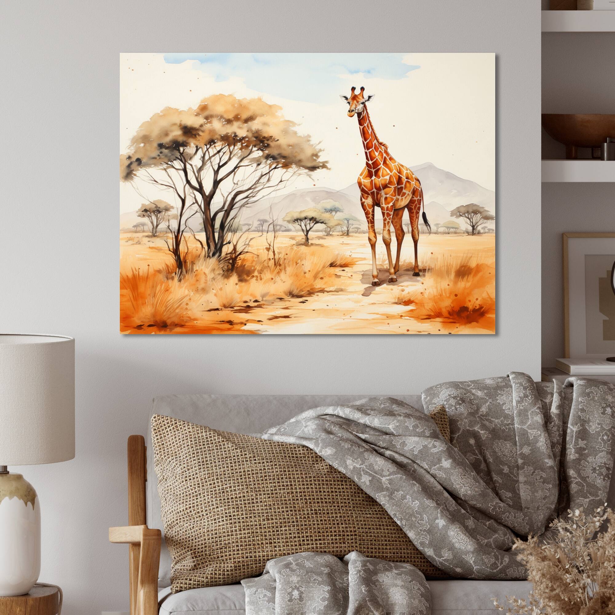 Designart "Orange Beige Girrafe Walk In African Landscape" African